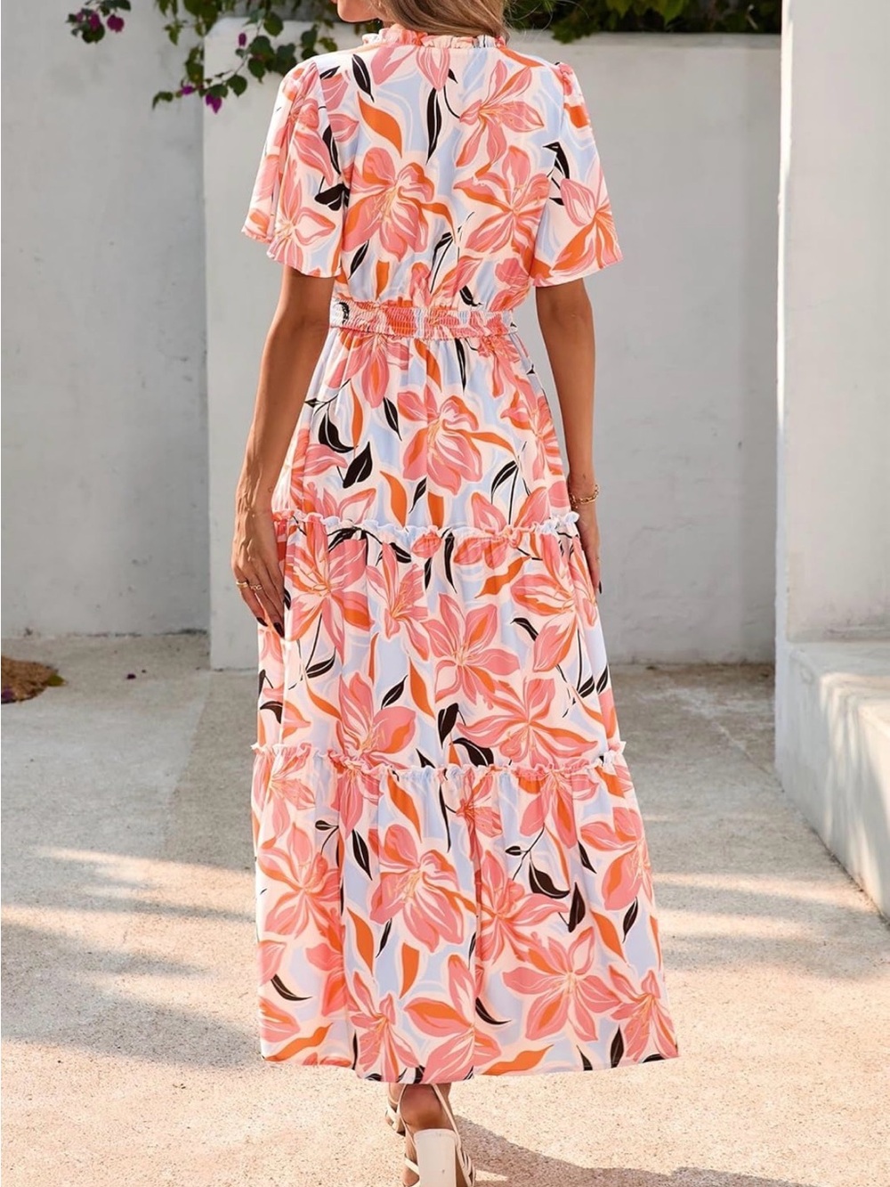 Summer Floral Tiered Maxi Dress in Coral‎